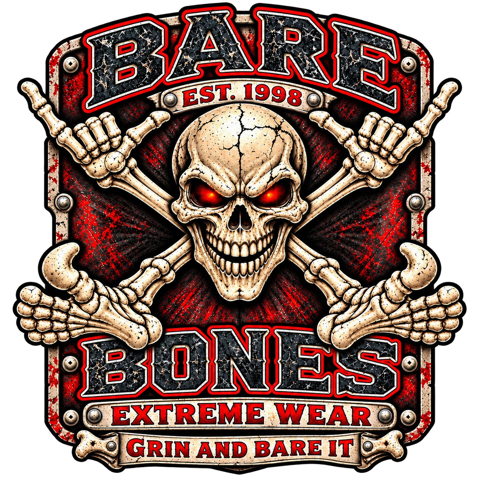 Updated original Bare Bones badge with a grinning skull, crossed limbs, hang loose hands, and oversized feet