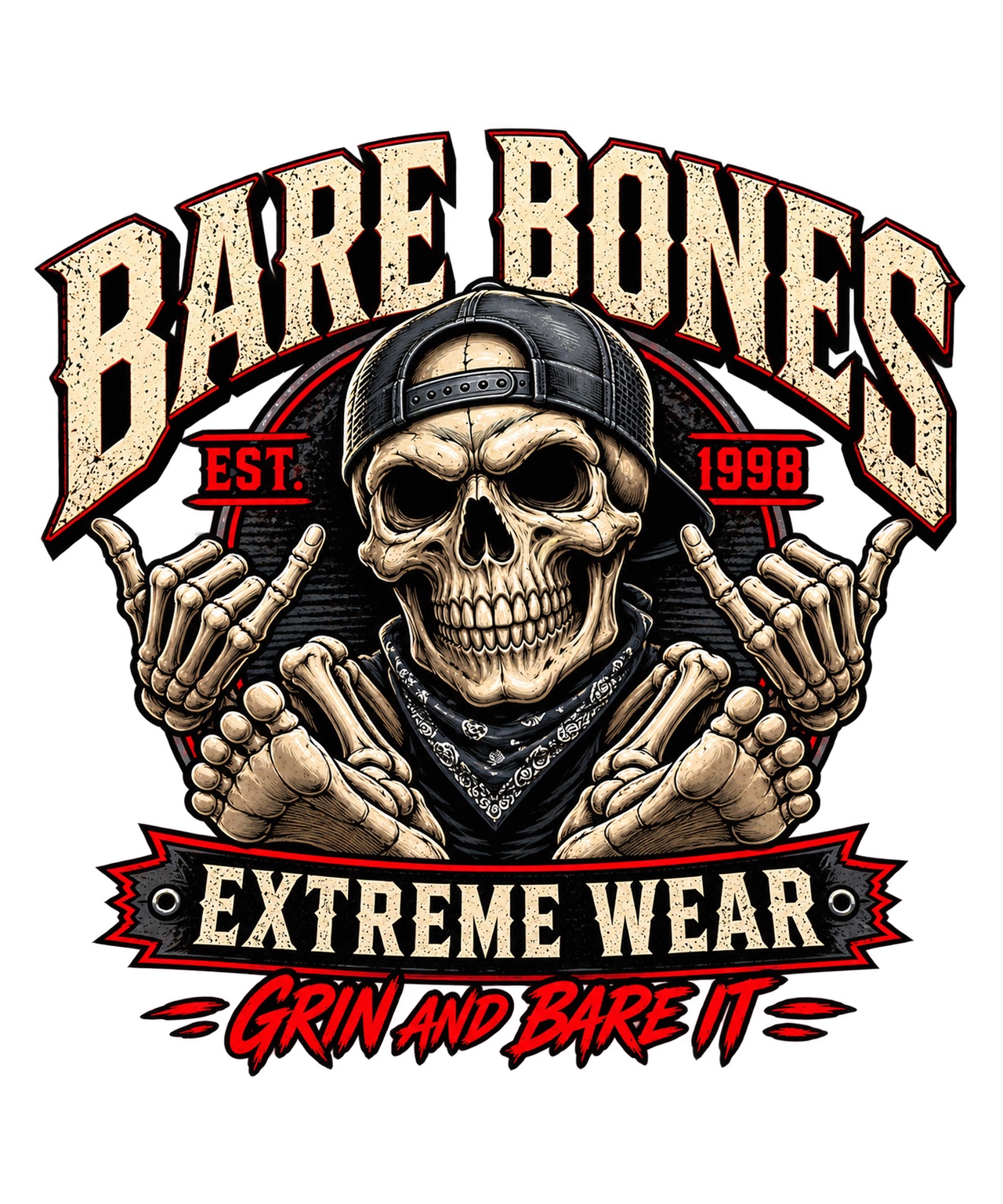 Bare Bones skater skull with a backward cap, hang loose hands, and Hang Ten feet
